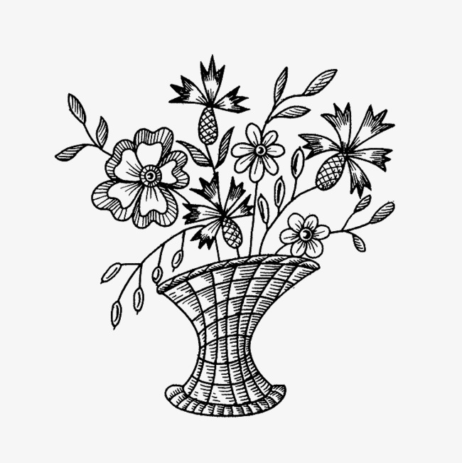 Hand painted flower handpainted. Basket clipart line drawing