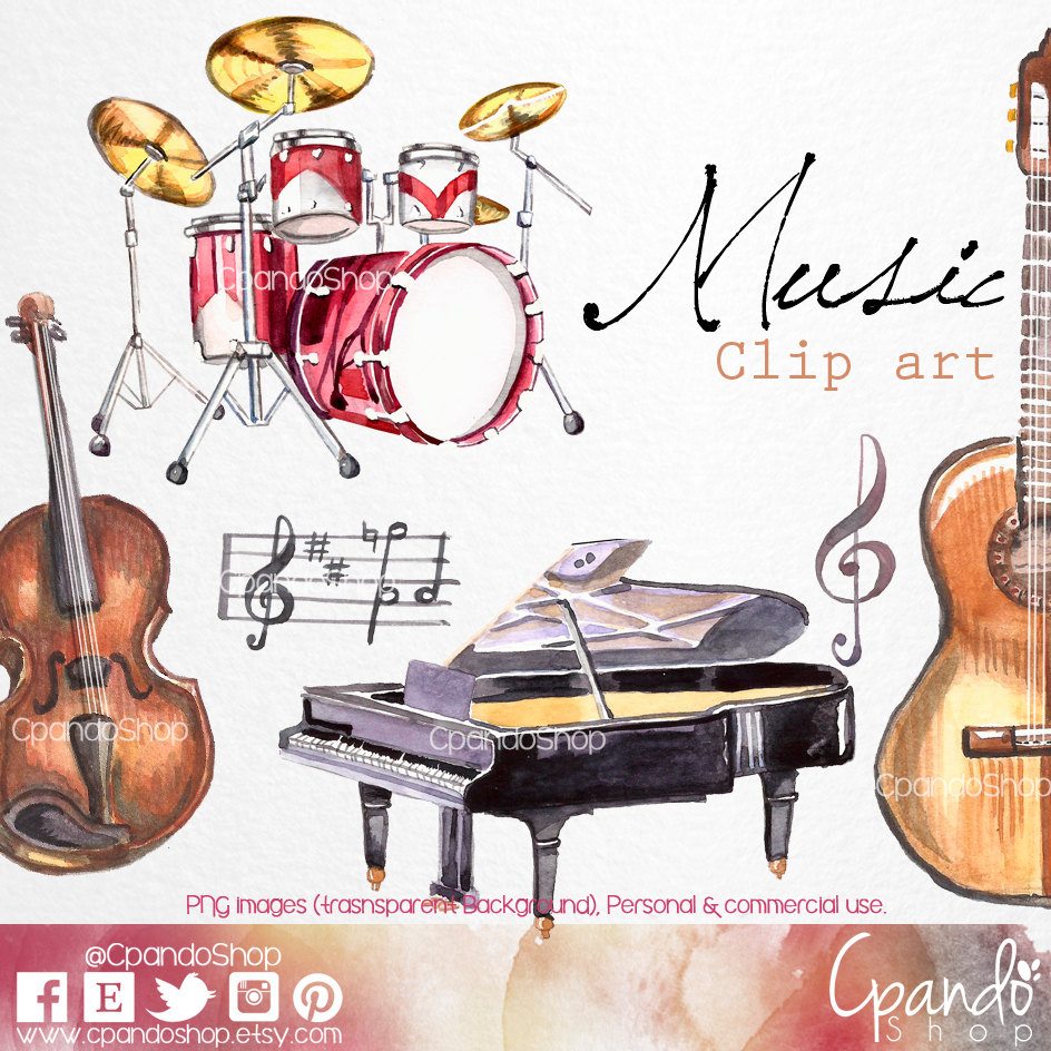 Music handpainted clip arts. Bass clipart watercolor