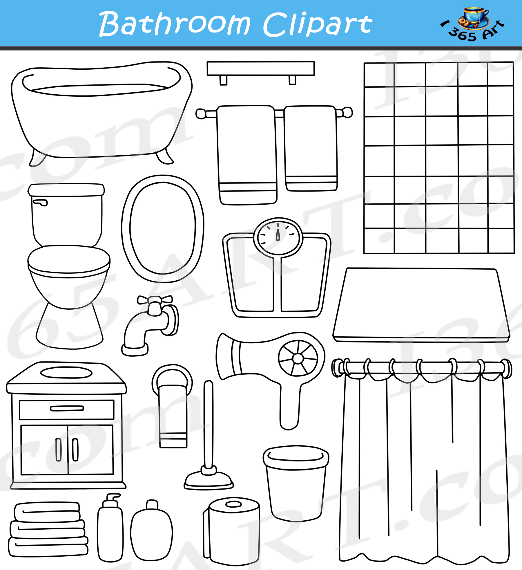 Bathroom clipart black and white. Set school by