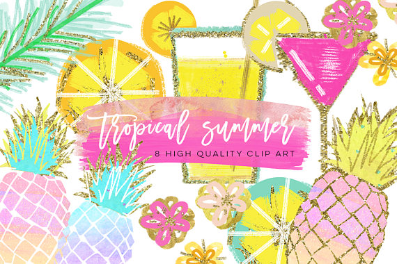 Tropical clip art watercolor. Beach clipart pineapple