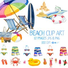 Summer sea hand painted. Beach clipart watercolor