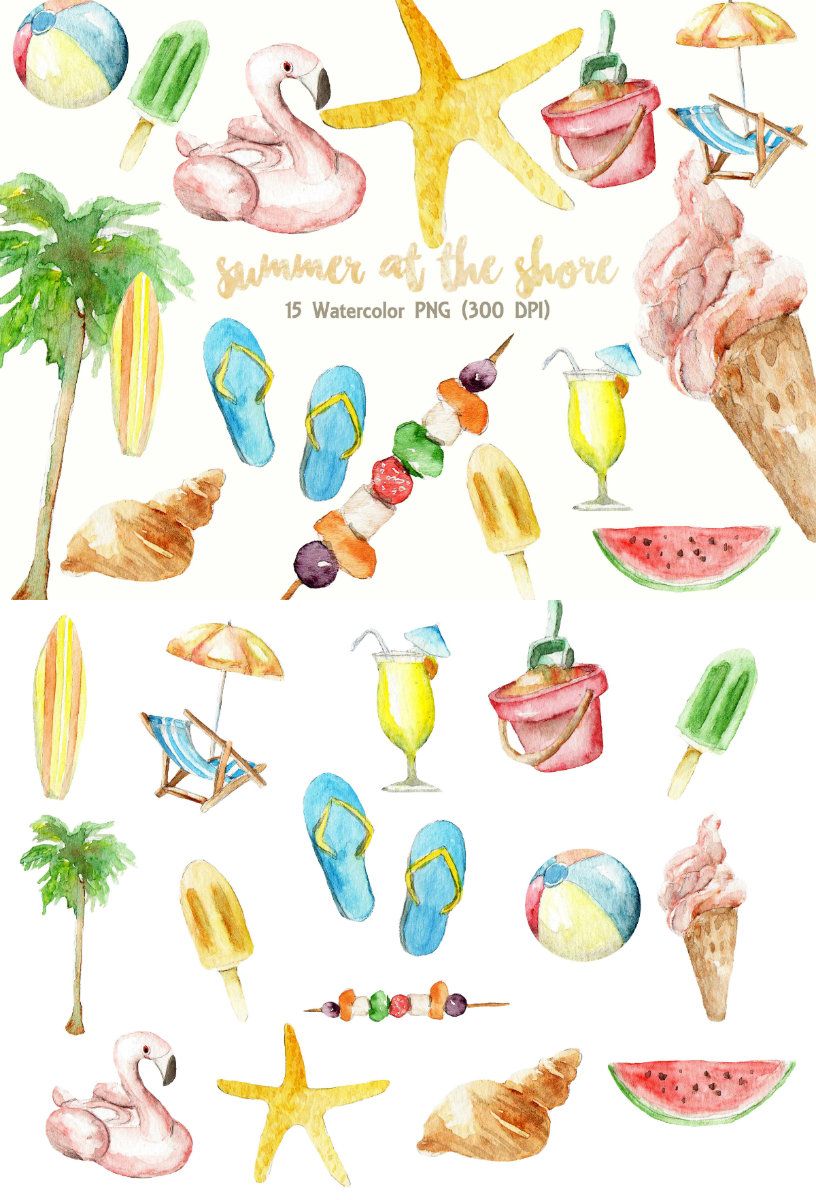 Summer digital download party. Clipart beach watercolor