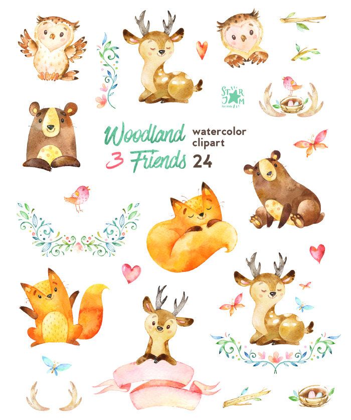 Bear clipart watercolor. Woodland friends animals fox