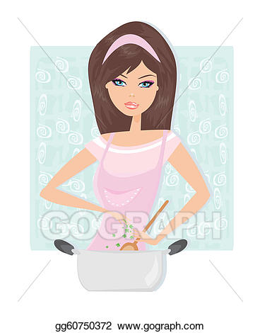 Vector cooking soup illustration. Beautiful clipart beautiful lady