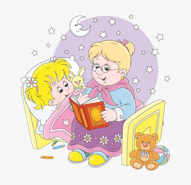 Bed clipart story. Cartoon grandmother telling stories
