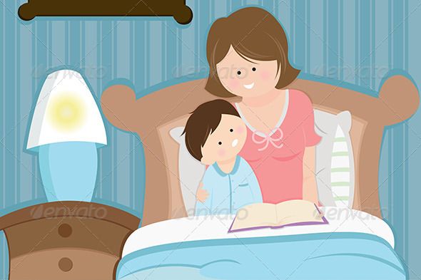 Mother and son reading. Bedtime clipart pretty bed