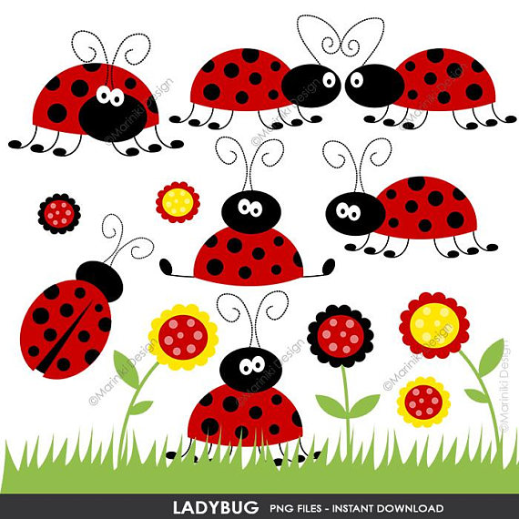 Ladybug set cute red. Beetle clipart spring