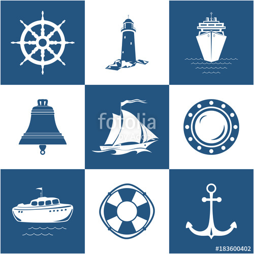 Bell clipart nautical. Set of marine icons