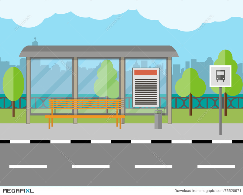 With and city background. Bench clipart bus stop bench