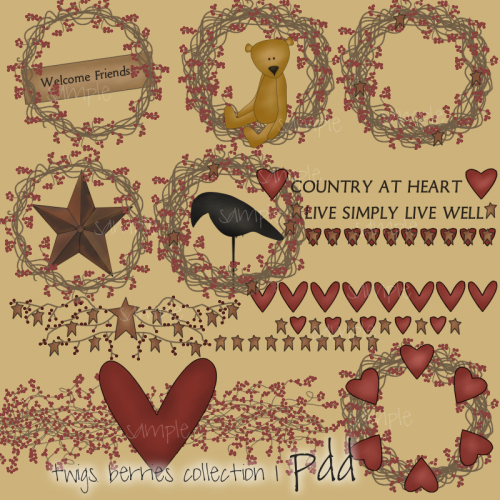 Twigs and berries collection. Berry clipart primitive