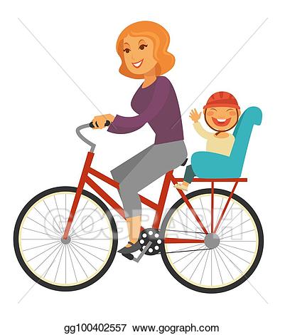 Vector mother rides bicycle. Cycle clipart baby