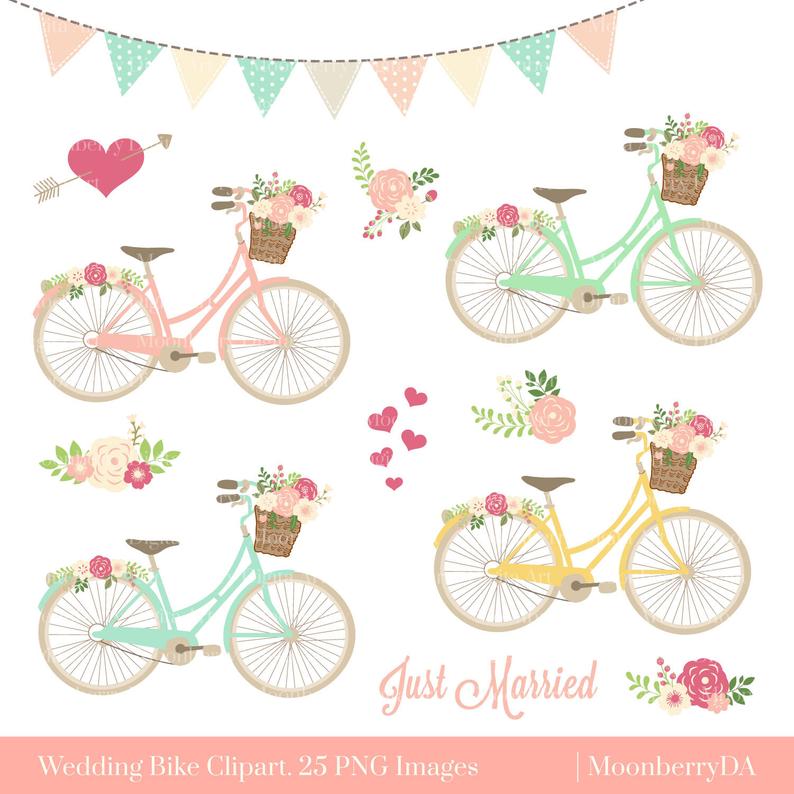 Bicycle png wedding invitation. Clipart bike floral