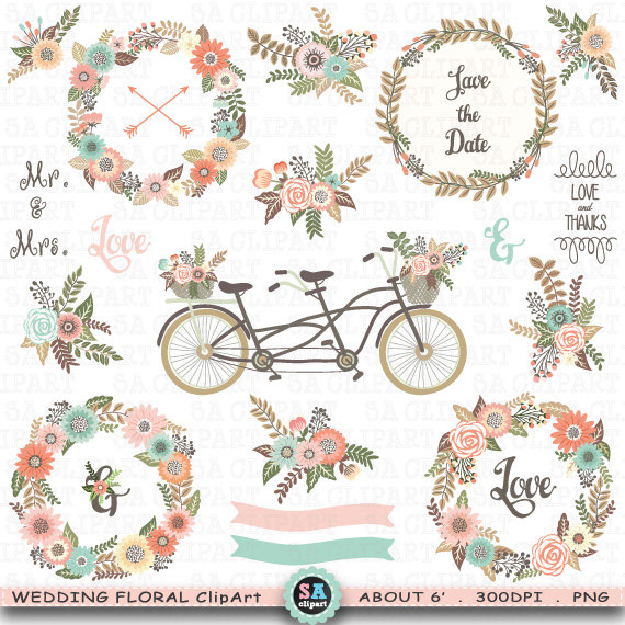 Wedding floral clip art. Bike clipart rustic