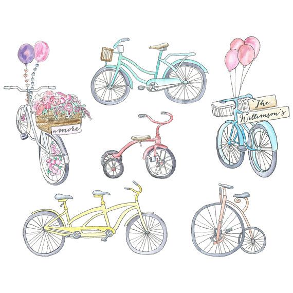 Bicycle balloon tandem bike. Biking clipart watercolor