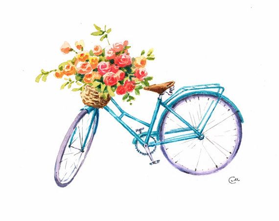 Biking clipart watercolor. Flower bike original painting