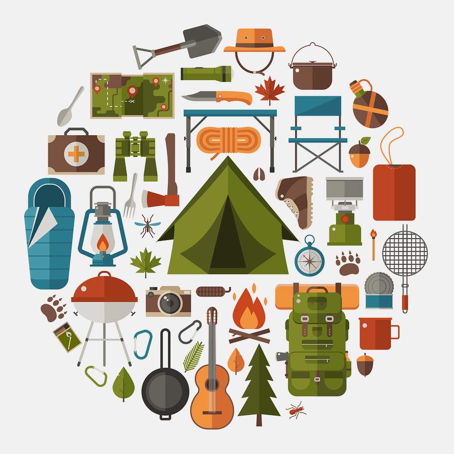 Hiking icons set camping. Binocular clipart gear