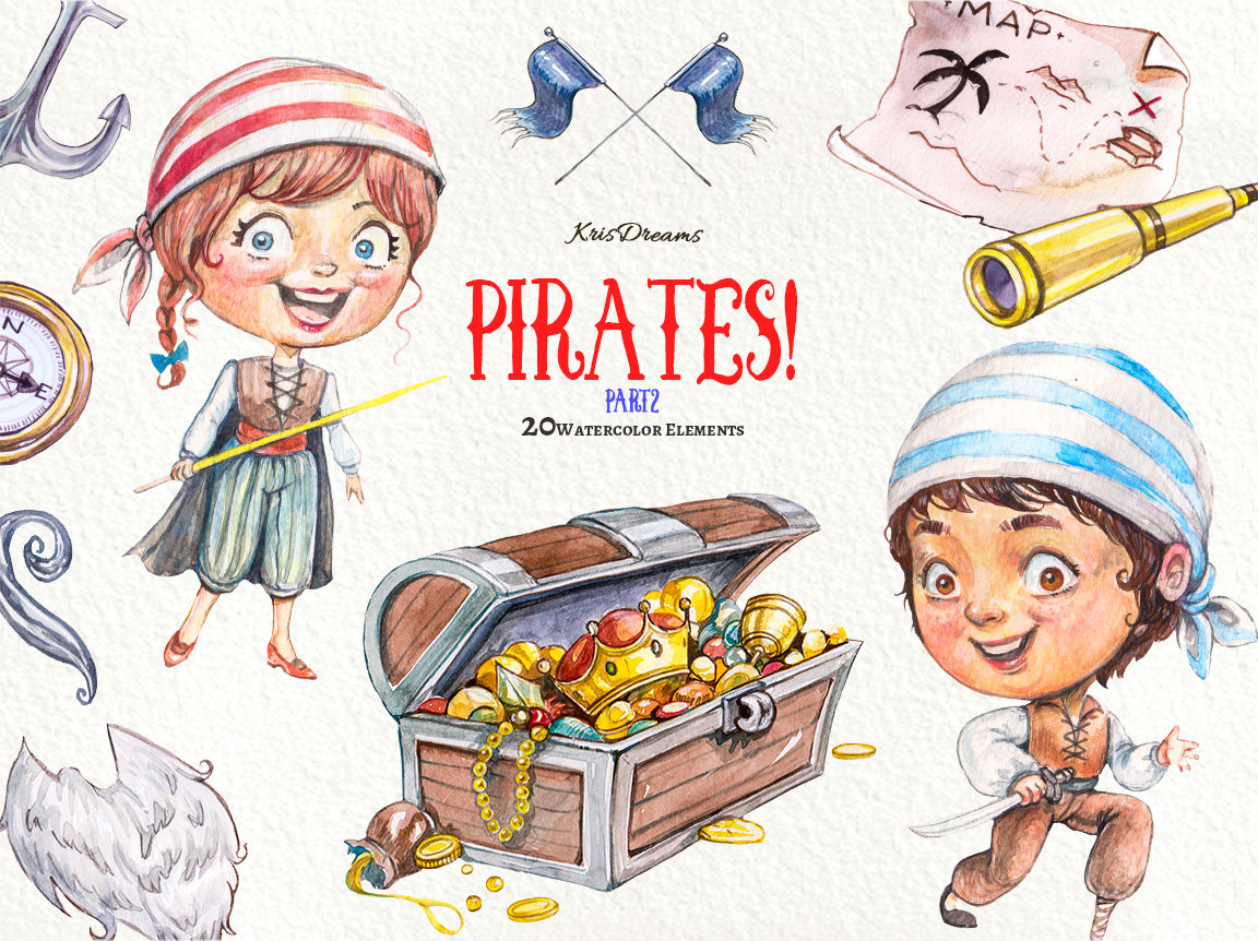 Pirates watercolor pirate parrot. Binoculars clipart text features