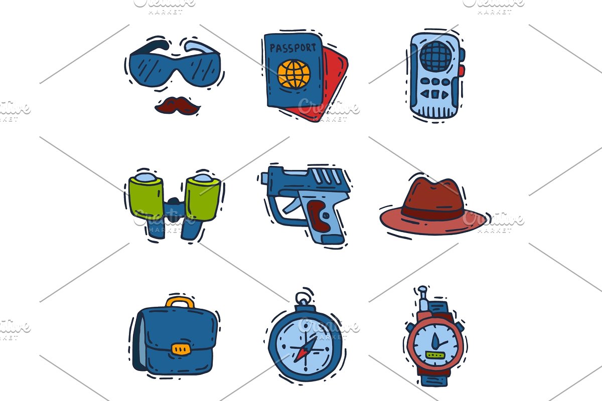 Icons vector cartoon detective. Binocular clipart spy gadget