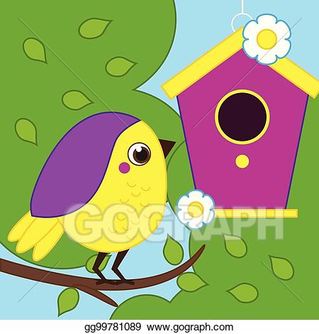 Vector stock cartoon bird. Birdhouse clipart branch