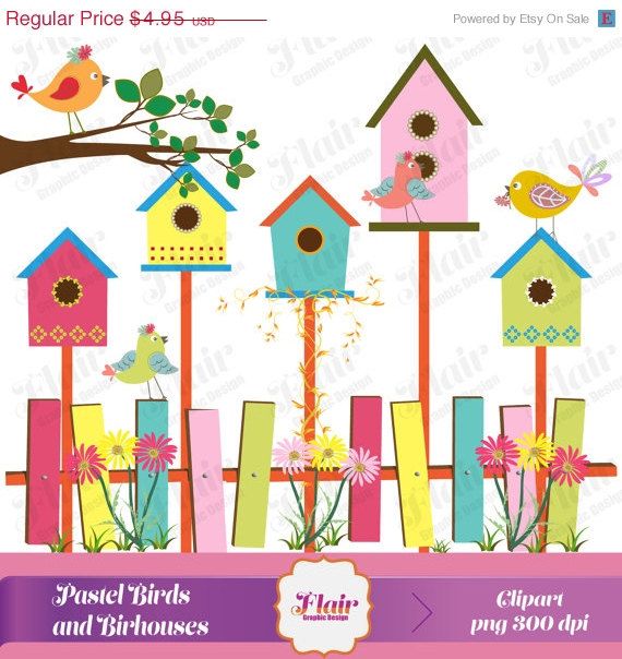 Colored birds and birdhouses. Birdhouse clipart pastel