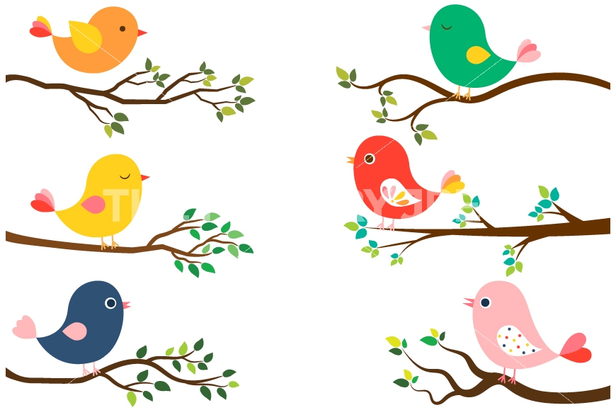 Cute colorful tree branches. Birds clipart