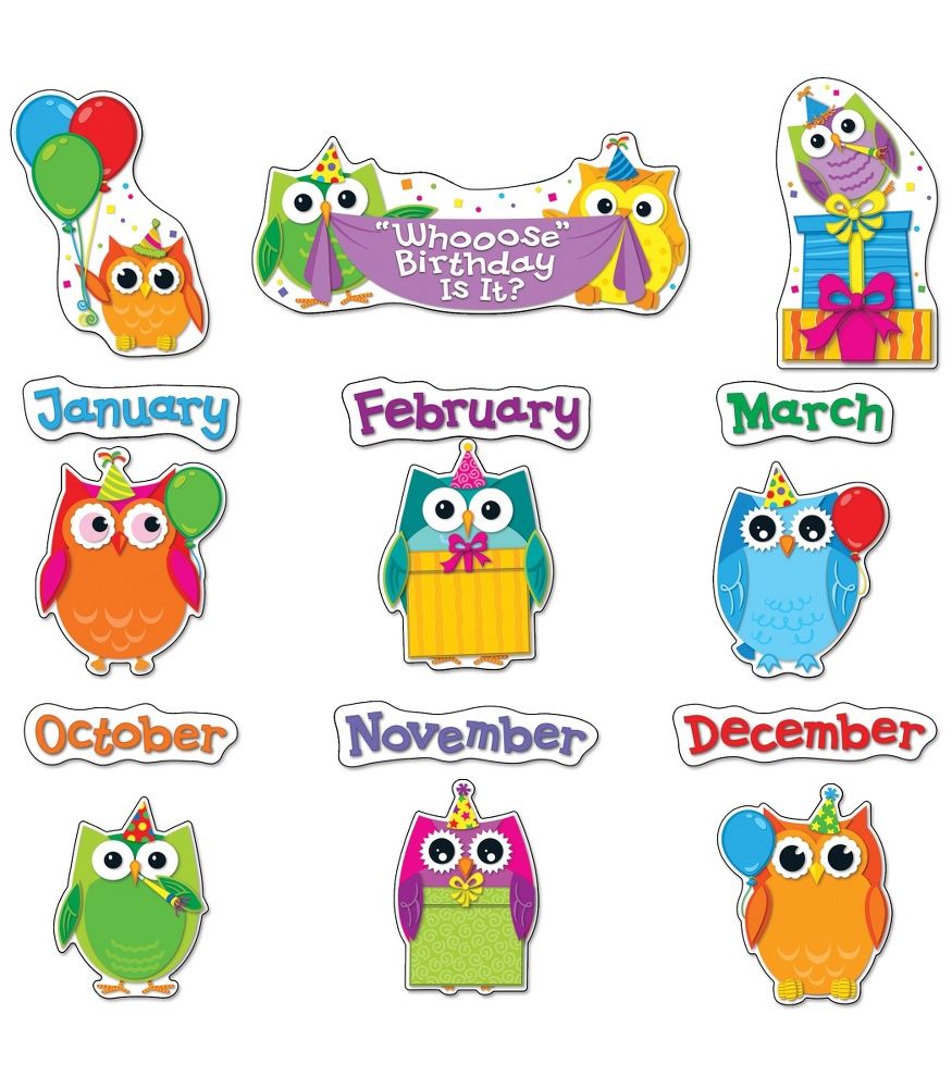 Clipart birthday bulletin. Colorful owls board set