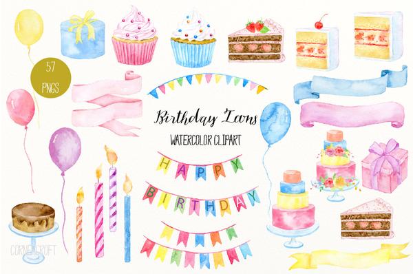 Clip art icons cakes. Birthday clipart watercolor