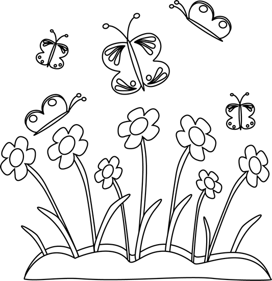 Flowers butterflies card making. Clipart spring black and white