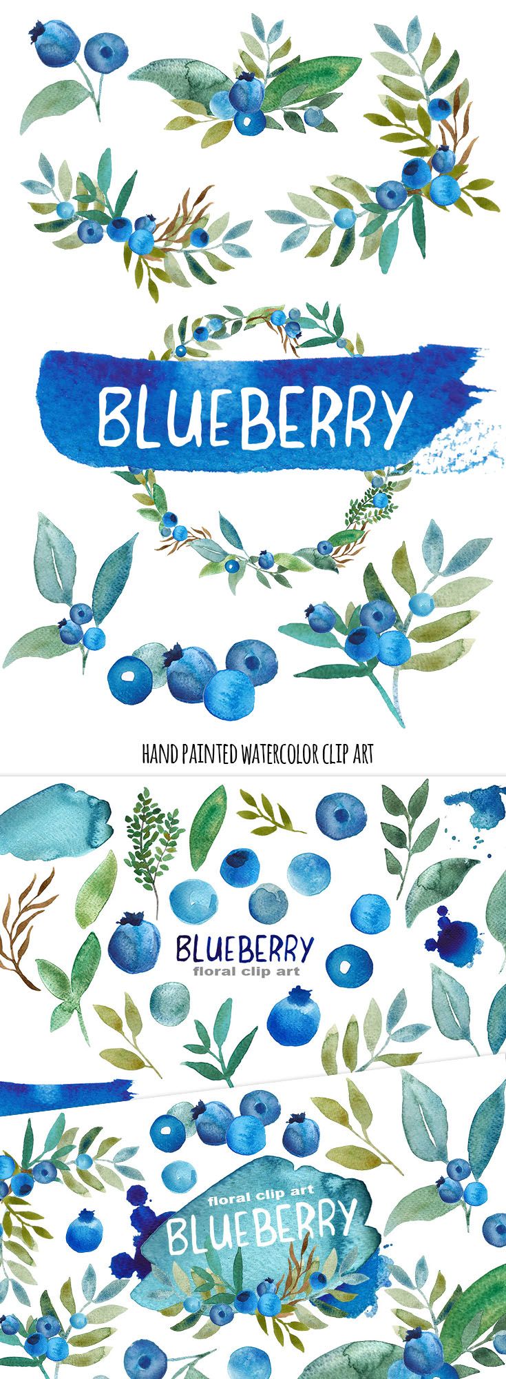 Blueberry clipart watercolor. Clip art hand painted