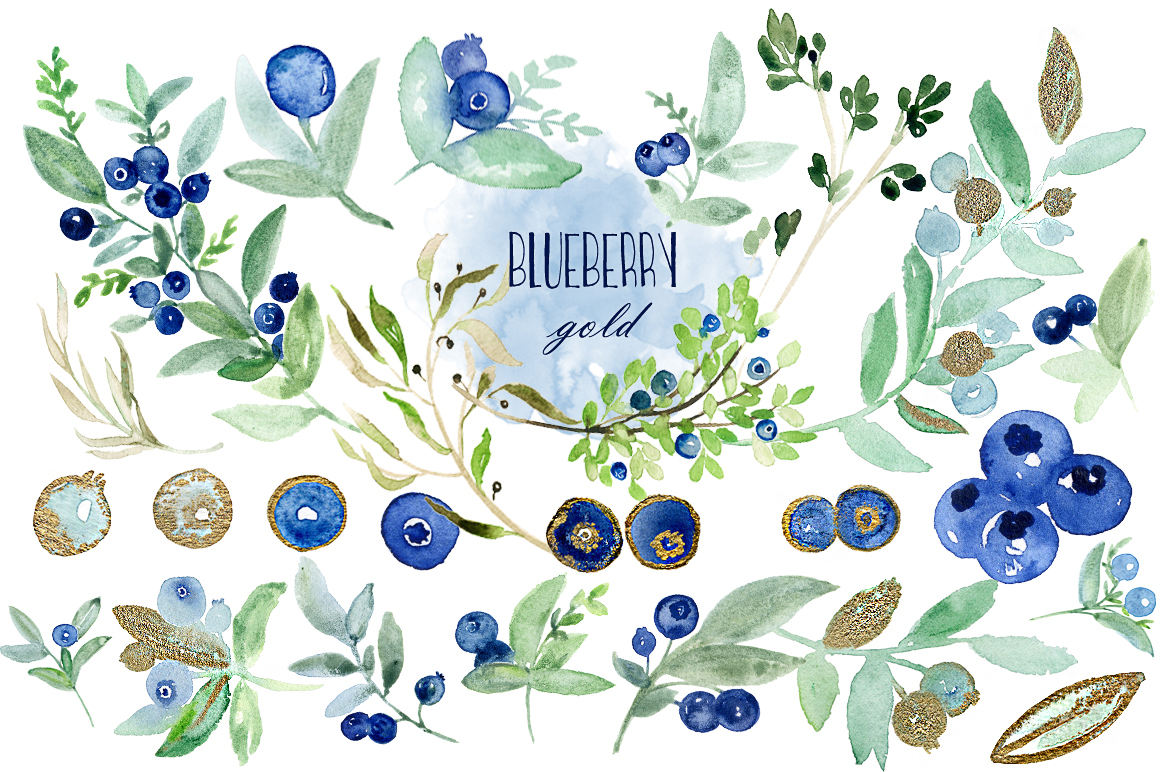 Blueberry clipart vintage. Gold watercolor by labfcreations