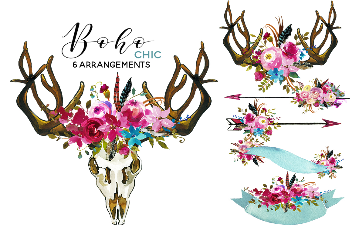 Antlers clipart boho. Chic pink watercolor flowers