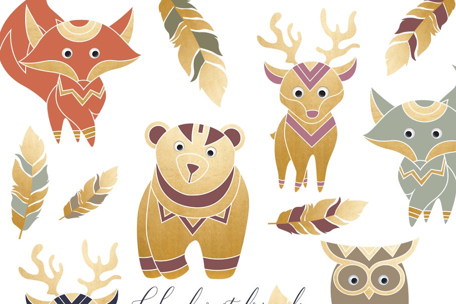 Forest set illustrations creative. Boho clipart animal