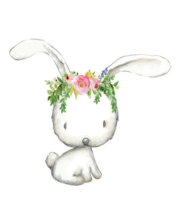 Woodland floral watercolor art. Boho clipart bunny