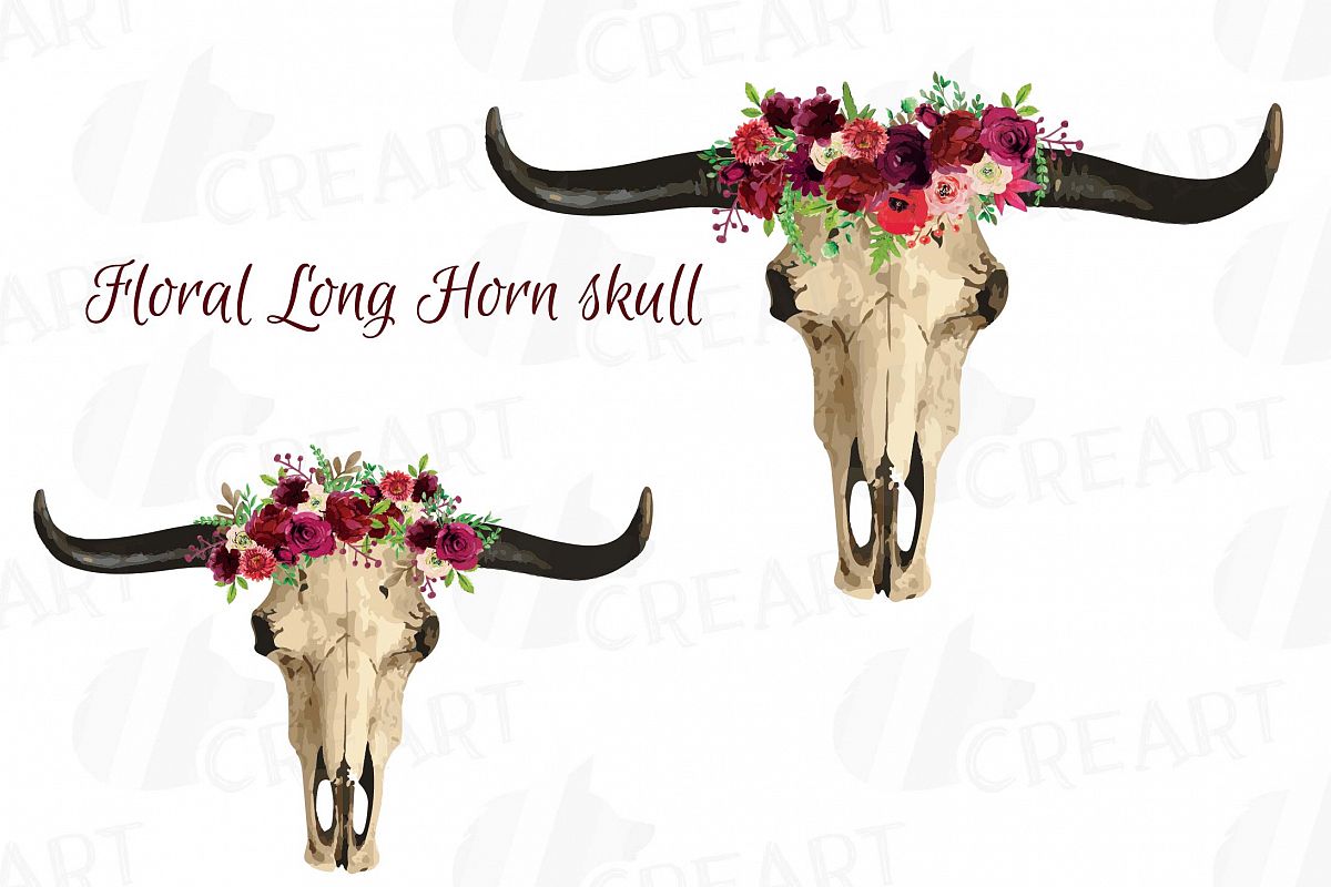 Watercolor floral longhorn bull. Clipart skull boho