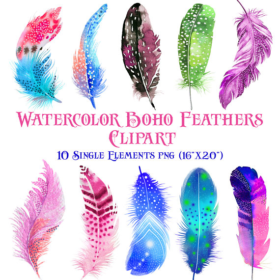 Boho clipart feather. Watercolor feathers bohemian 