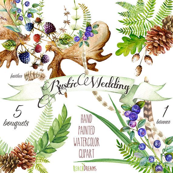 Watercolor wedding rustic hand. Boho clipart forest