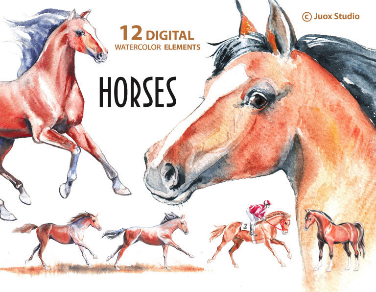Boho clipart horse. Horses watercolor painting stickers