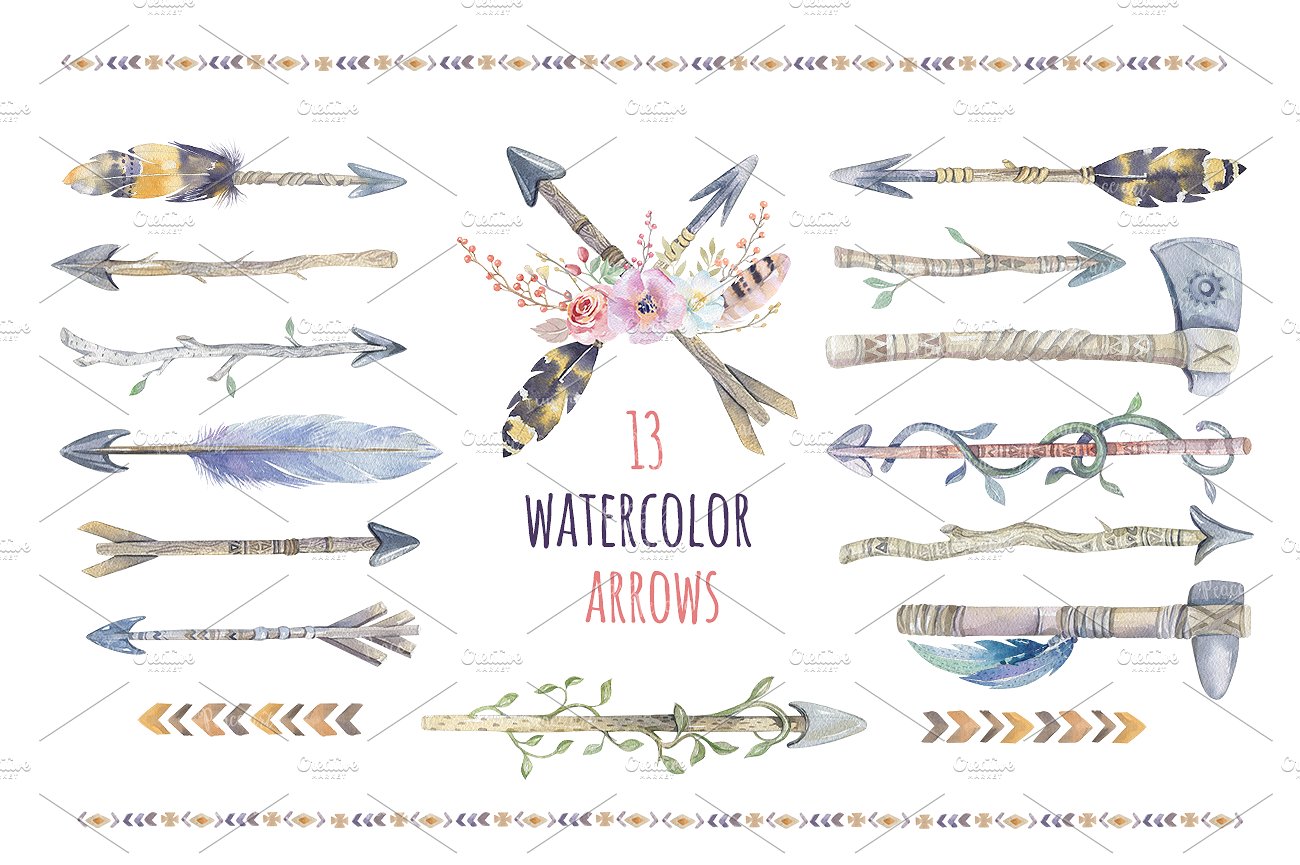 Boho clipart line. Tribe watercolor arrows illustrations