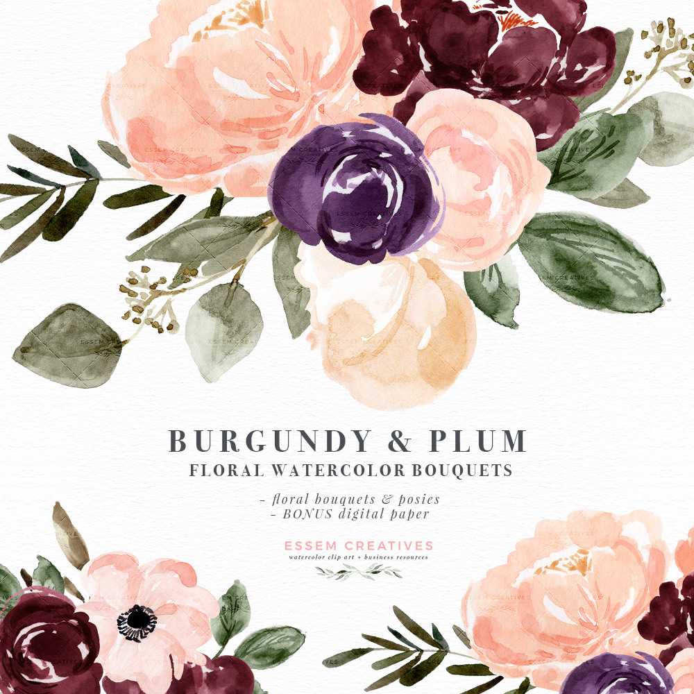 Burgundy plum floral blush. Boho clipart watercolor