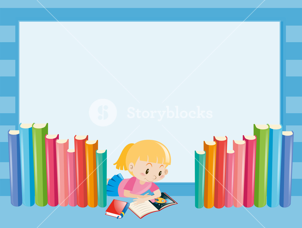 Books clipart banner. Border template with girl