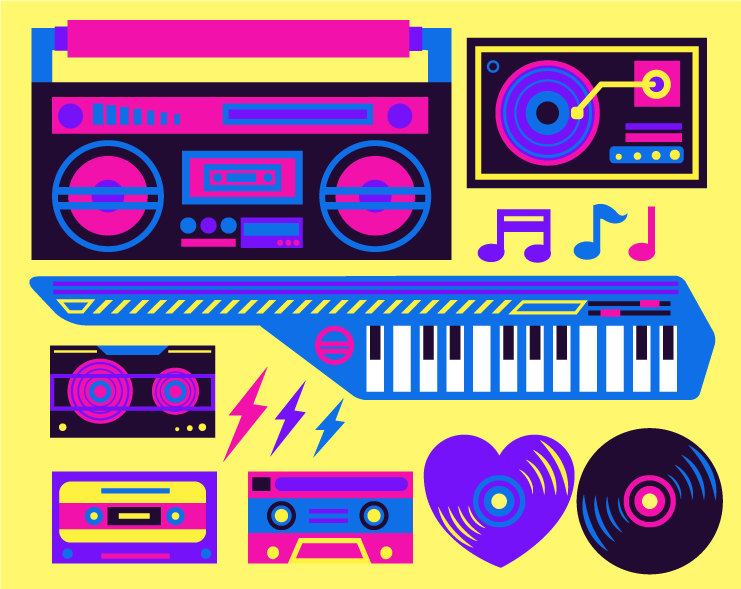 Eighties s music neon. Boombox clipart cassette tape