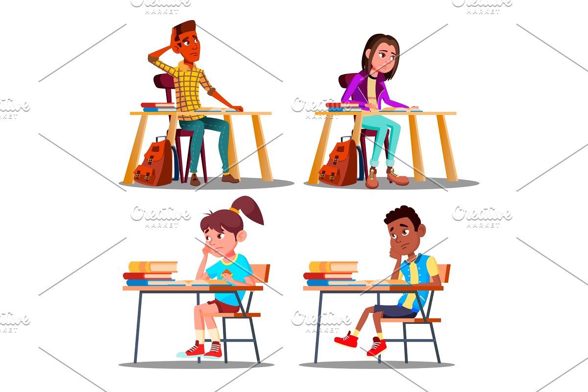 Characters pupils during . Bored clipart worried student