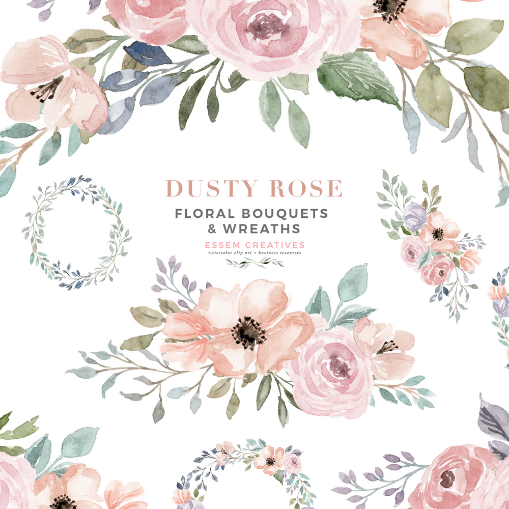 Dusty rose watercolor floral. Bouquet clipart border