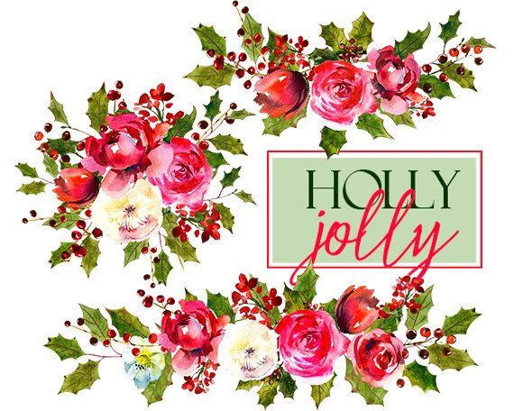 Holly steams watercolor red. Bouquet clipart christmas