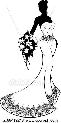 Vector stock wedding dress. Bouquet clipart silhouette