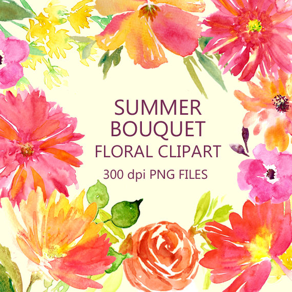 Flowers floral handpainted watercolour. Bouquet clipart summer flower
