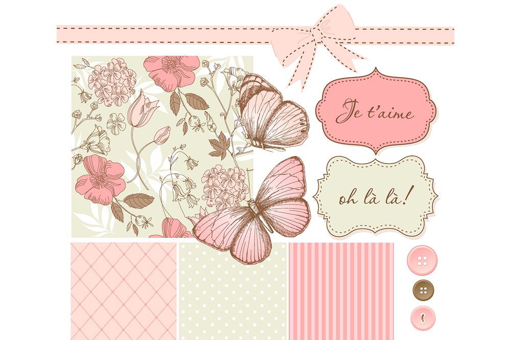 Butterfly scrapbook set illustrations. Bows clipart shabby chic