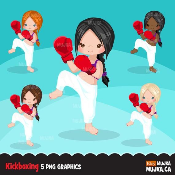 Kickboxing girl chic characters. Boxing clipart cute