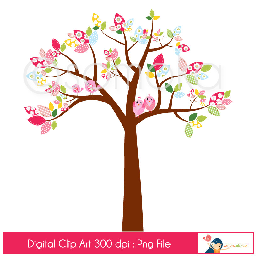 Sweet and tree set. Branch clipart little bird