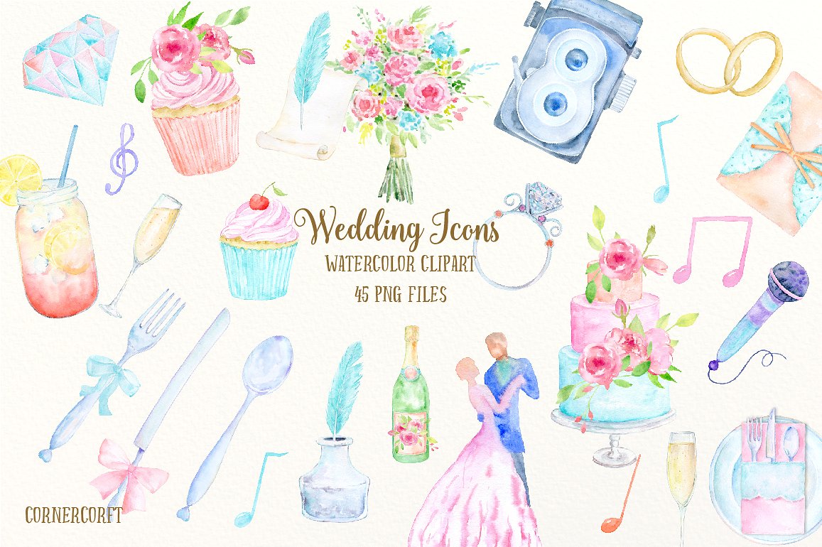 Bride clipart icon. Watercolor wedding icons illustrations